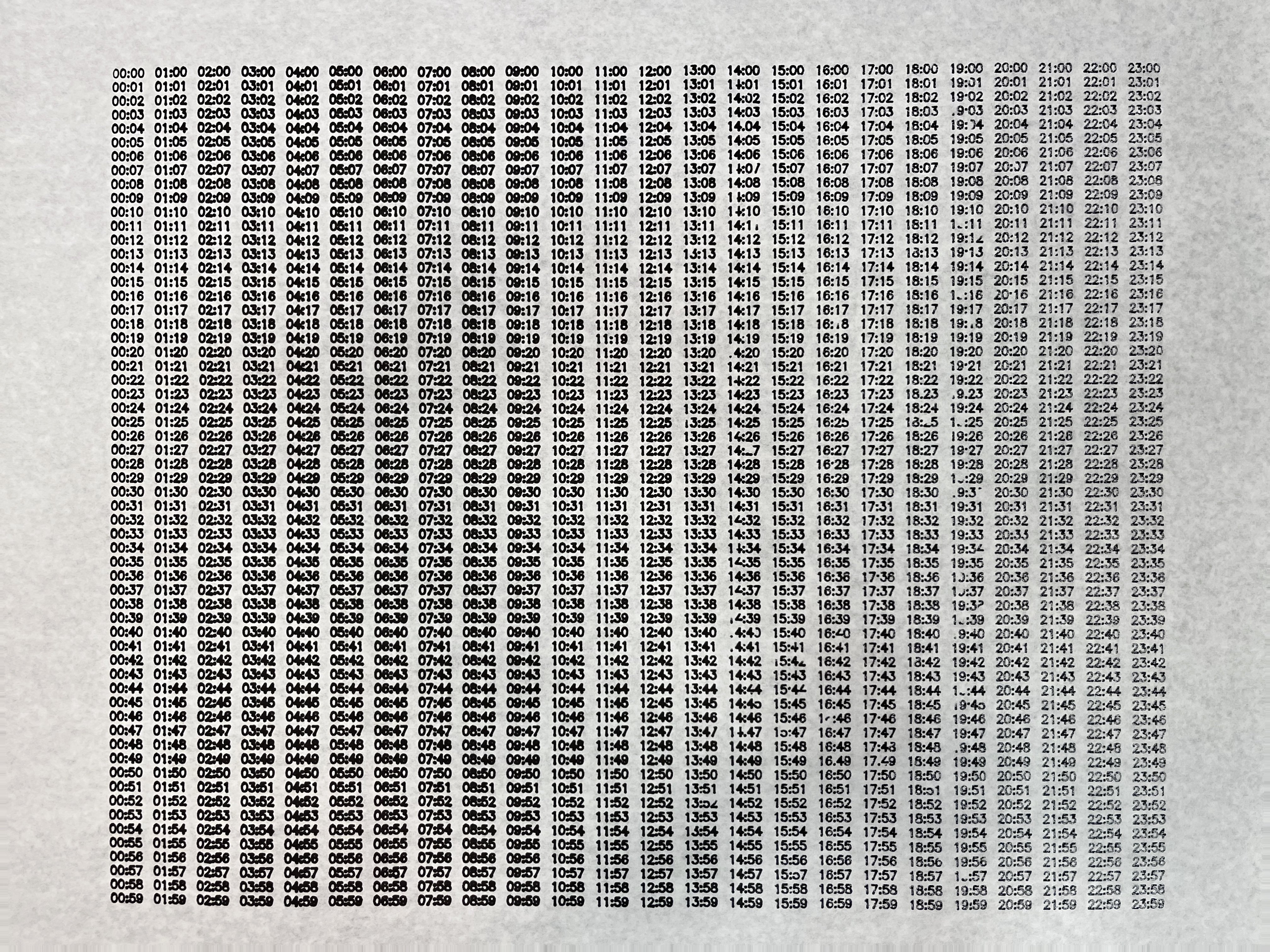 The completed clock drawing, with each hour arranged in a column
