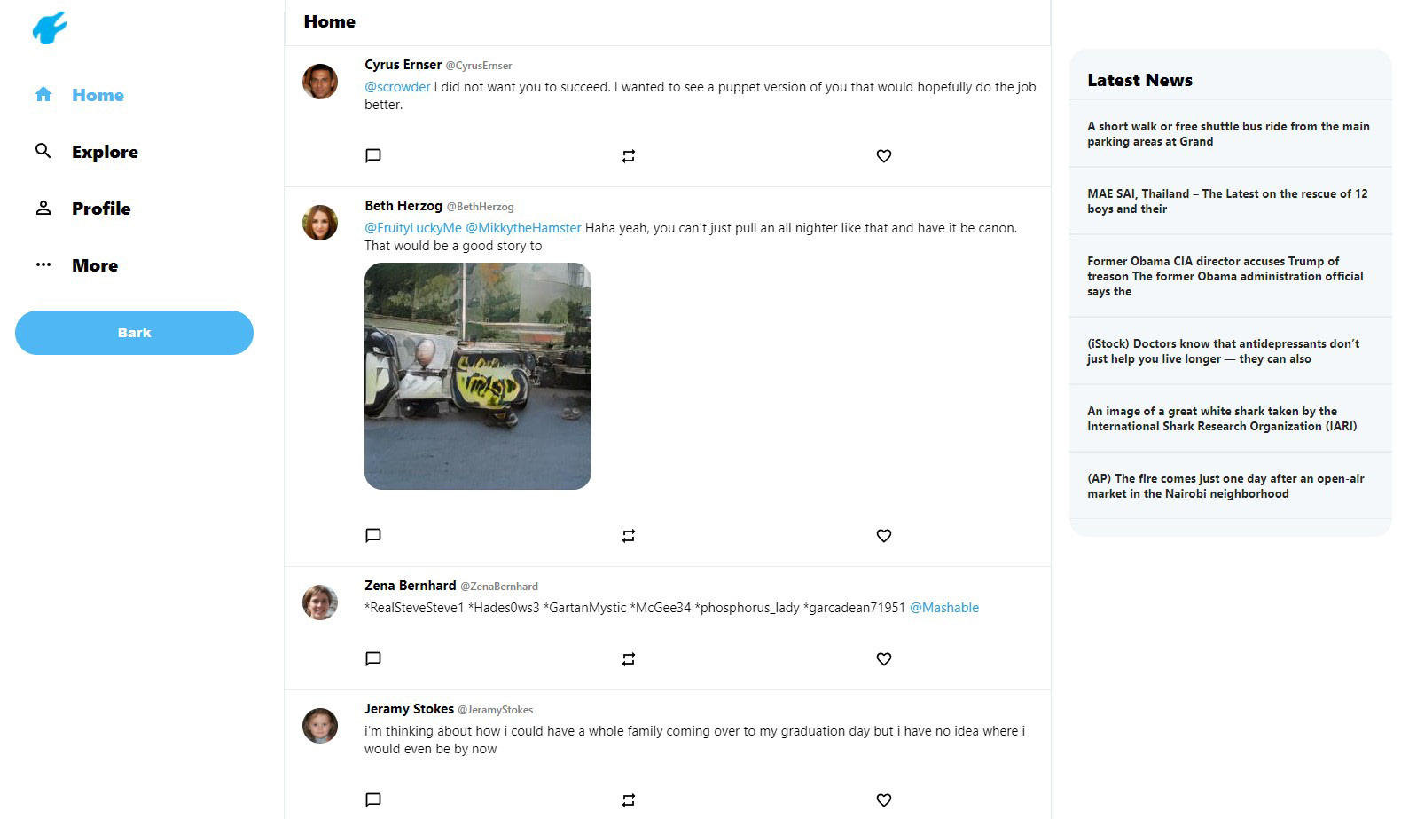 Barker's simulated social media feed, with generated posts and a latest news panel